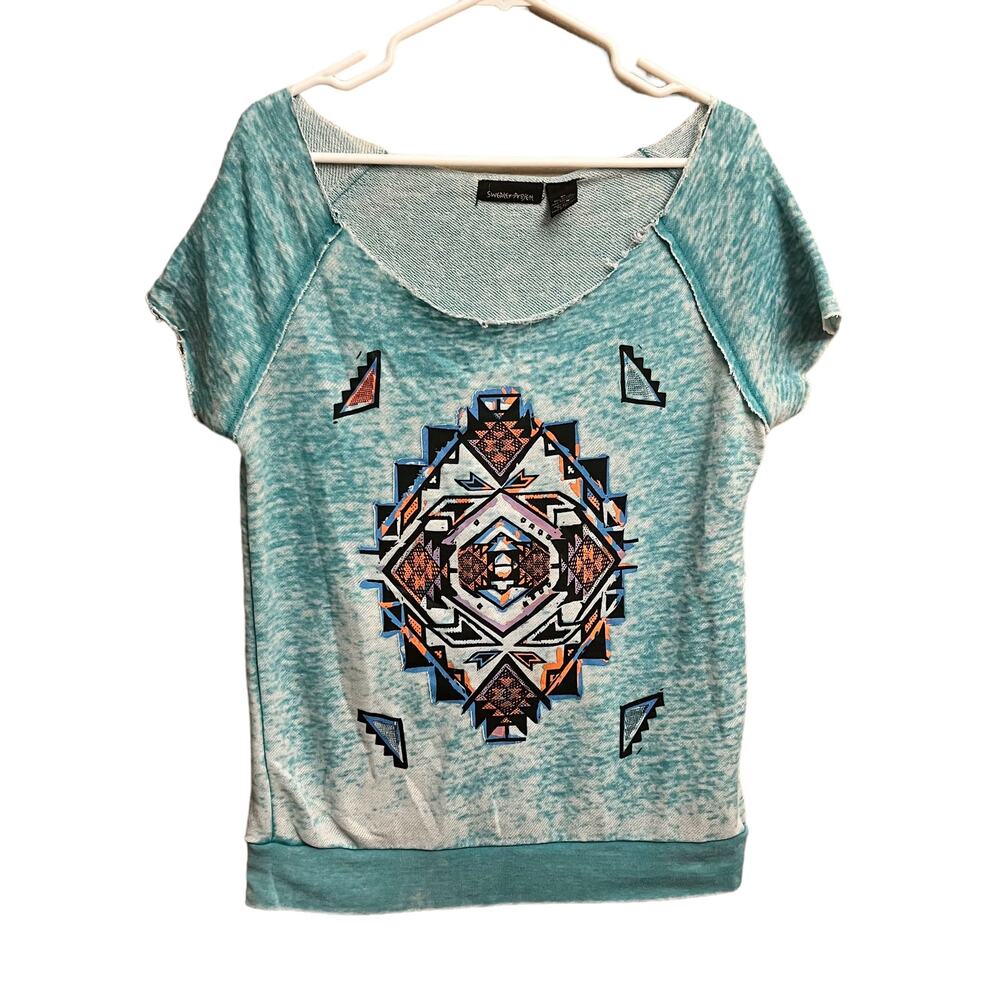 Sweater Project Teal Aztec Print Short Sleeve Top